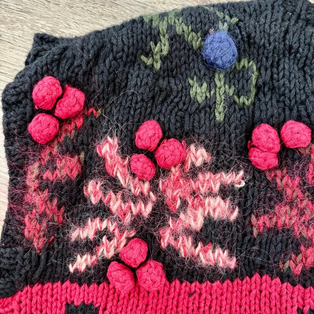 Vintage Ciel Bleu Cottagecore Hand Knit Grandma Sweater Vest with Berry Accents